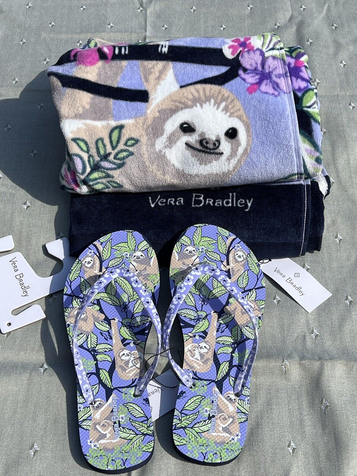 NWT~Vera Bradley Cotton Beach Pool Towel & Flip Flops (m)~ Hanging Around Sloths