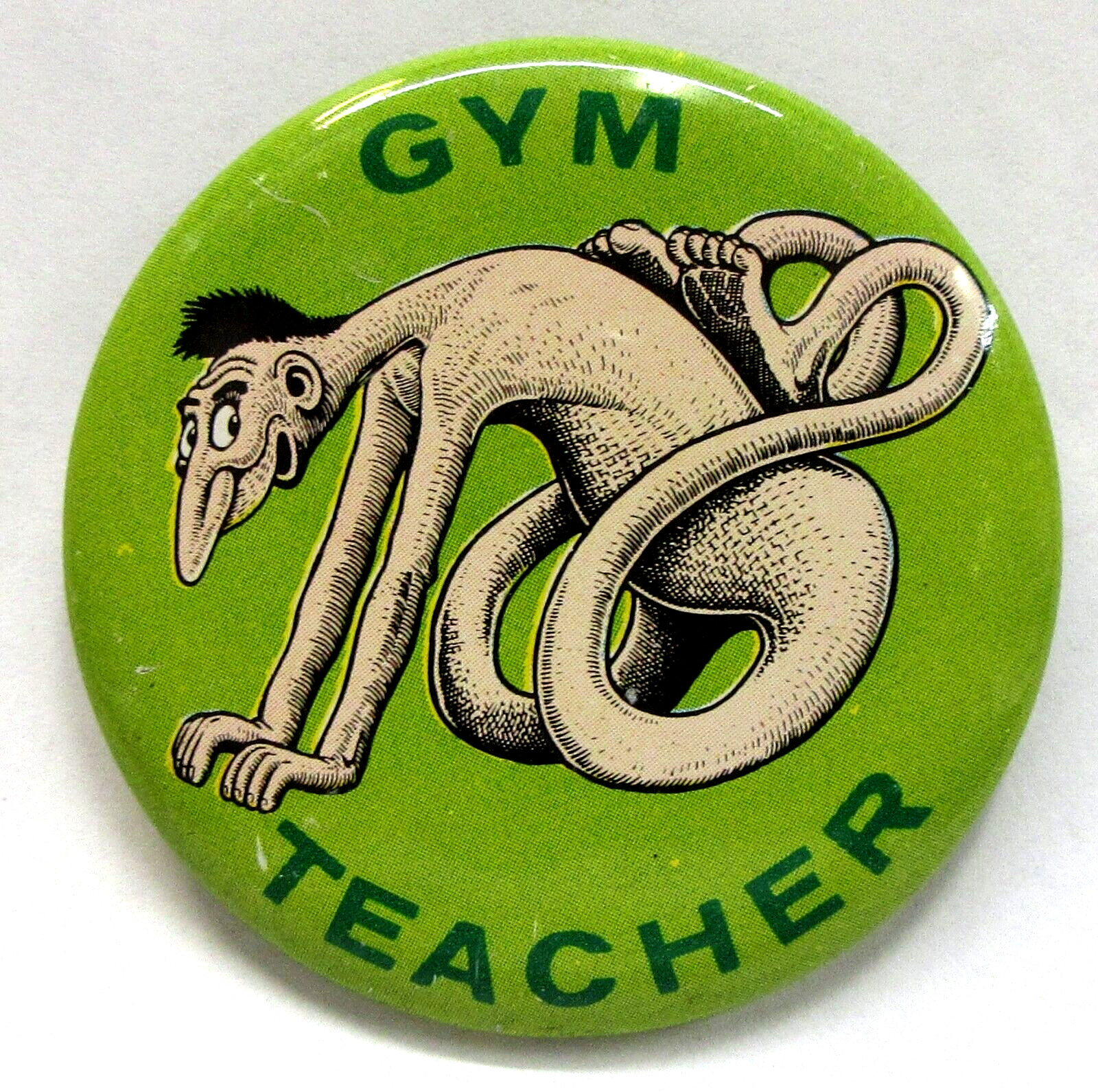 1965 Basil Wolverton GYM TEACHER Leaf FINK pinback button Mad Magazine fb