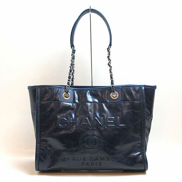 Chanel Bag Deauville Chain Tote A93257 A Rank Navy Calf Silver Hardware Ladies U