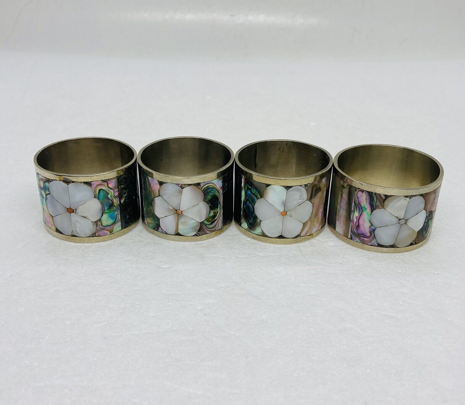 Vintage Mother Of Pearl Brass Napkin Rings Floral Art 1.5” Shell Decor 4pcs O