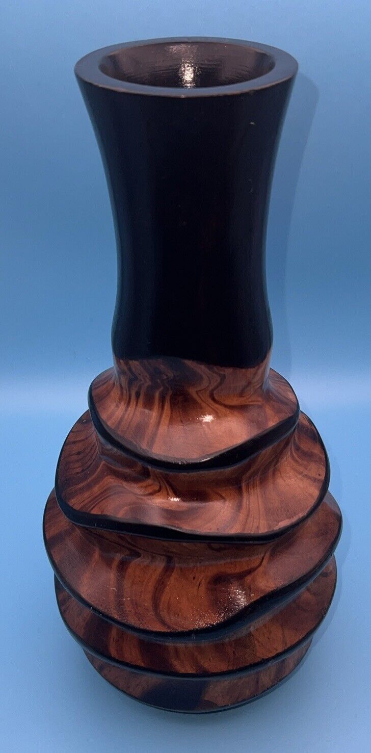 Mango Wood Blk & Brown Carved VASE, 12” Tall RARE