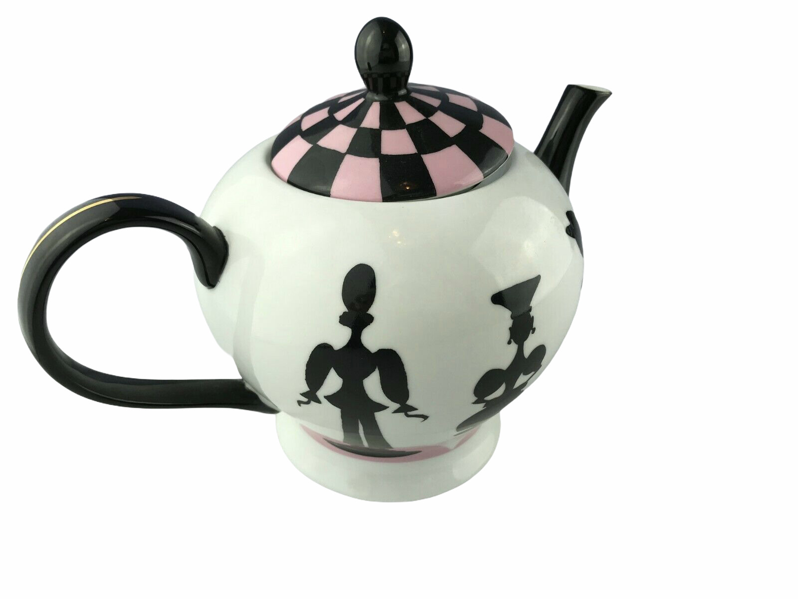 Nordstrom Designer R. Toledo Black, White, Pink Checkered Cermic Tea Pot w Lid