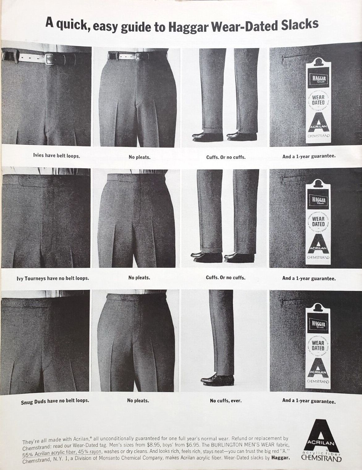 PRINT AD Haggar Wear Dated Slacks 1962 10.5x13 Acrilan Chemstrand Guide