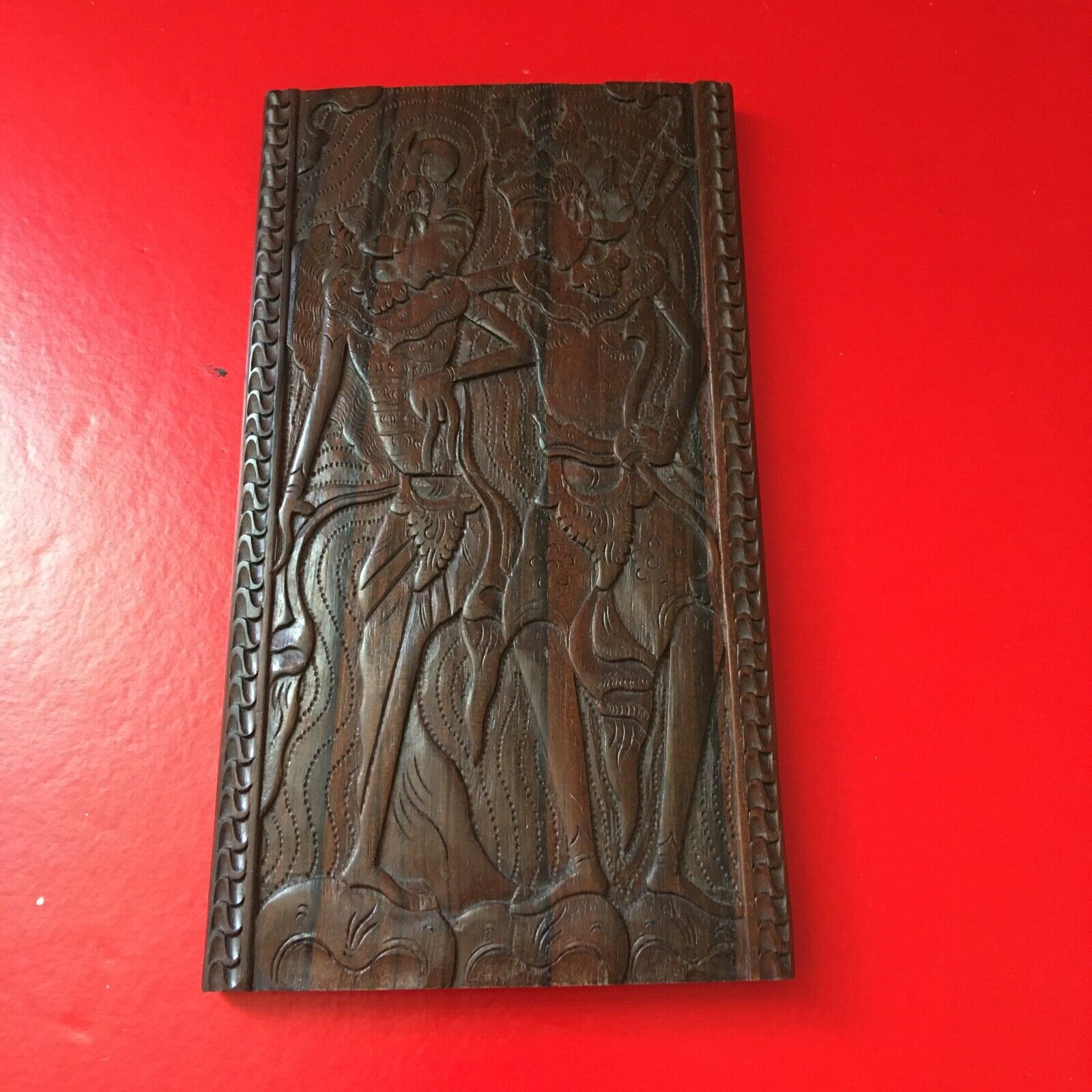 Vintage Super Neat Carved Figures on Rose Wood Board Rosewood Plaque 7.25\