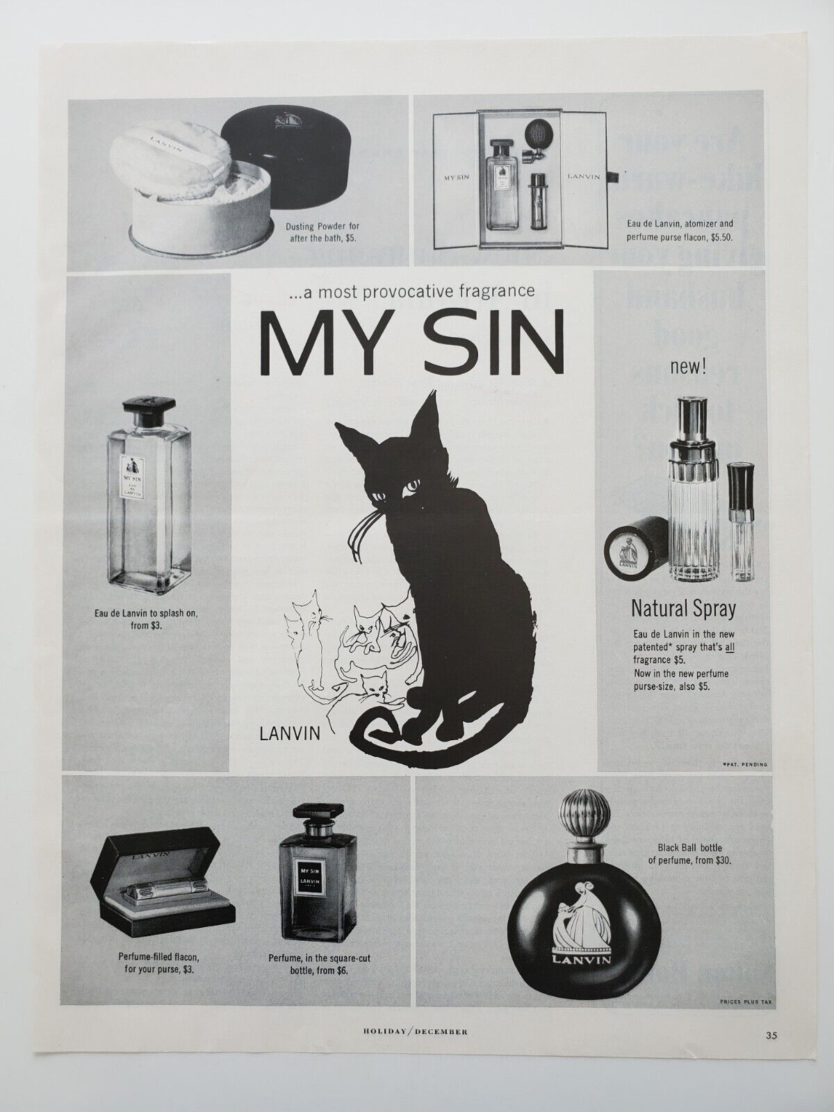 Lanvin My Sin Perfumes Dusting Powder Black Cat 1964 Vintage Print Ad 