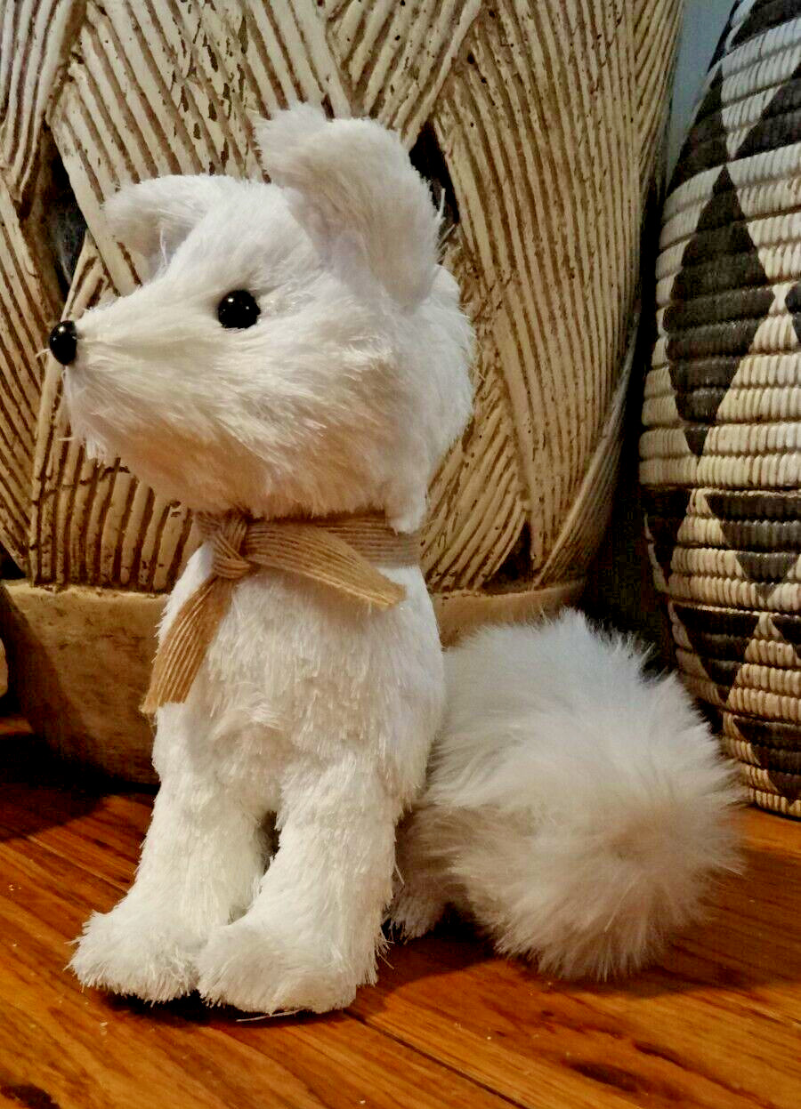 Small Arctic White Fox With Beige Ribbon Scarf