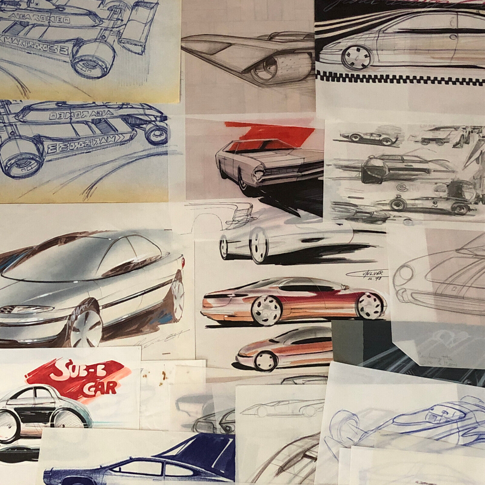 Car Styling Concept Illustration Art Drawing Sketch Lot of 22 1960s - 1990s