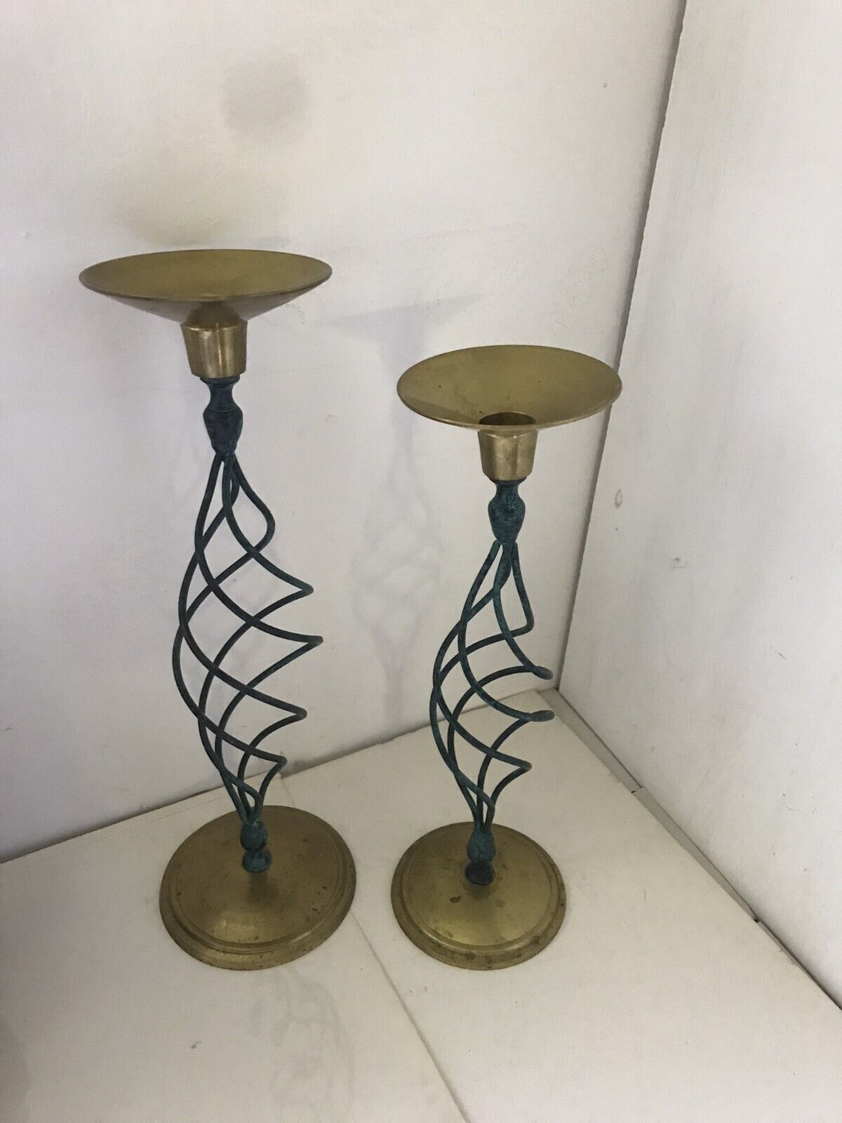 Pair of Vintage Hollow Spiral Shape Pattern Green Patinaed Brass Candle Holders