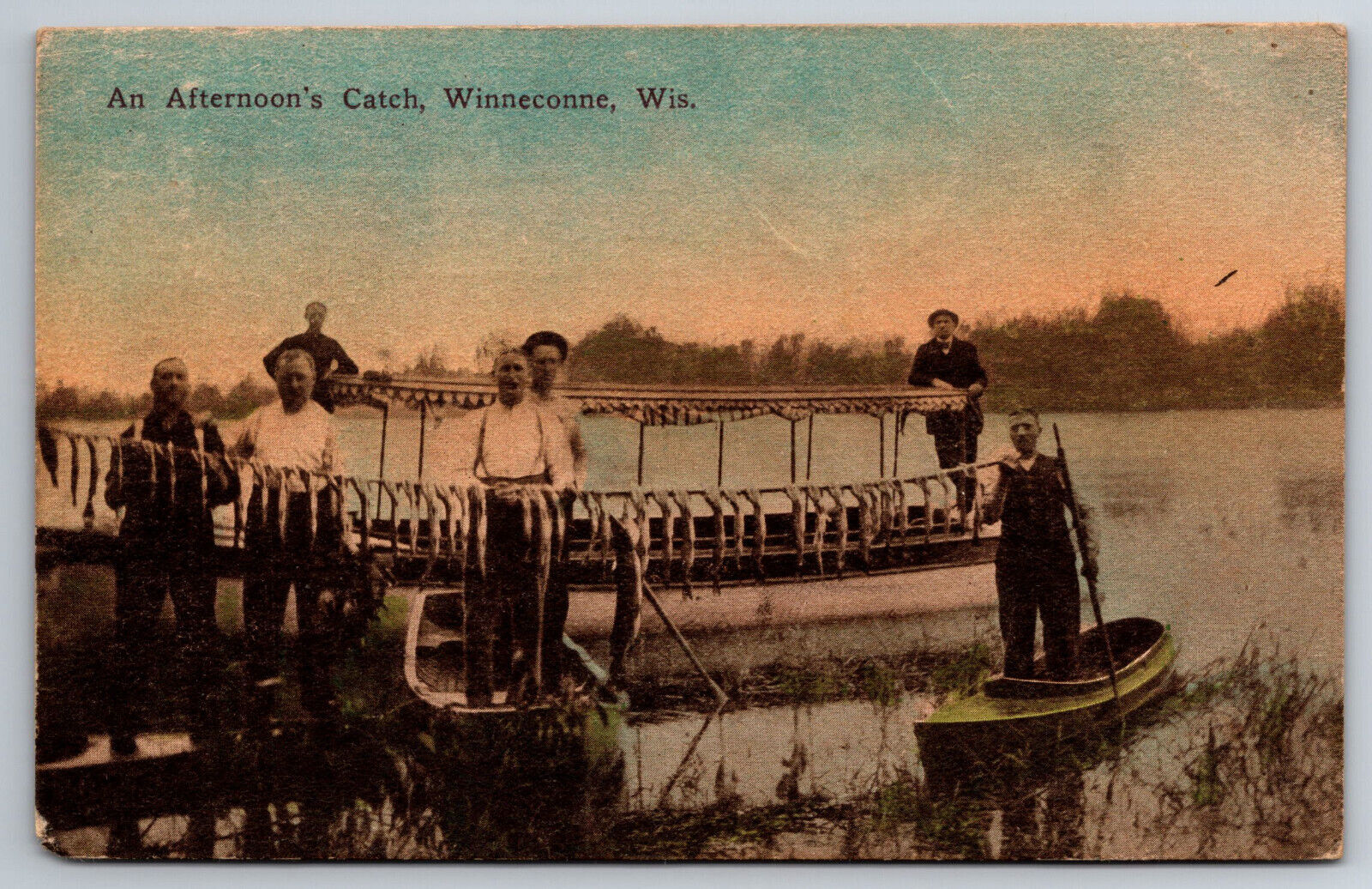 Vintage Postcard WI Winneconne Afternoon Catch Fishing Fishermen c1914 -*4169