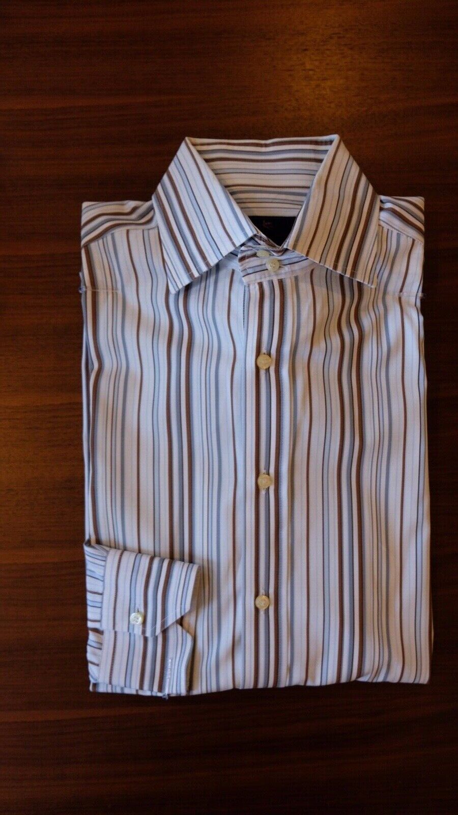 Etro Shirt 15.5 Striped White Brown Gray Spread Collar - Made in Italy