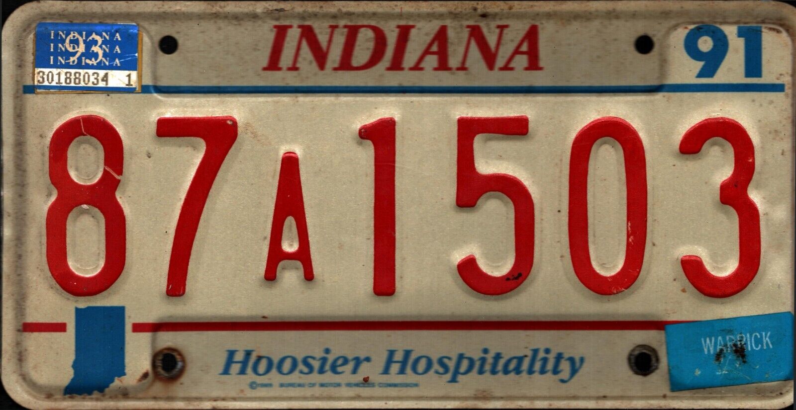 Vintage Indiana License Plate -1991  Crafting Birthday  Warrick County
