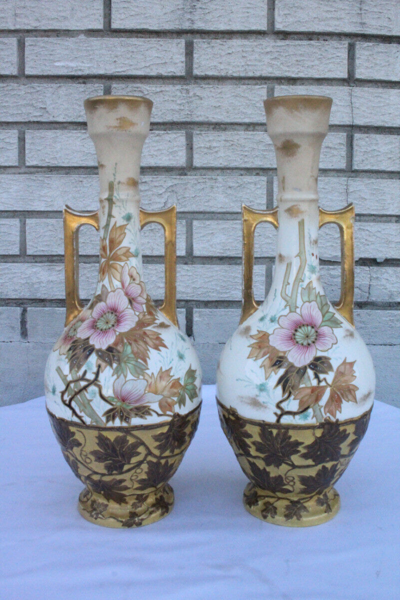 Beautiful Pair of Antique Royal Bonn Hand Painted Colorful Vases, Signed