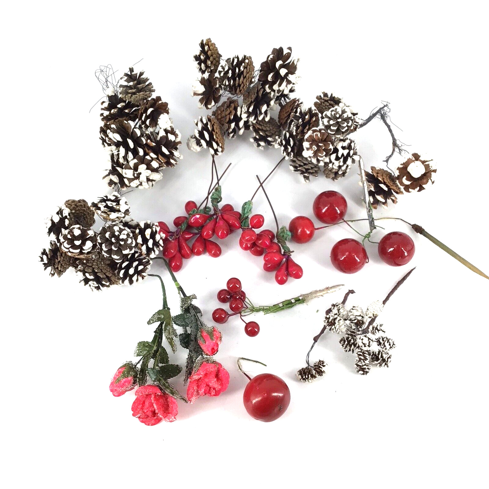 Vintage Christmas NOS Japan Pinecone Floral Picks + Red Berries & Sugared Roses