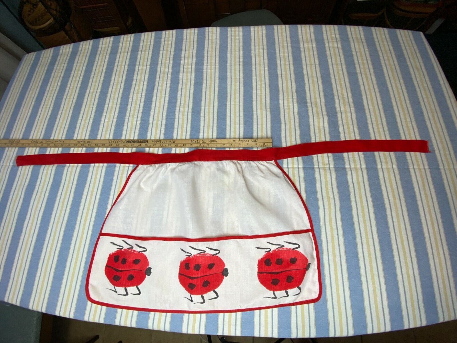 Vtg Vera Neumann Signature Ladybug Logo Half Apron 3 Pocket Linen Red White