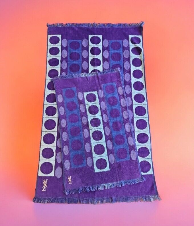 Vintage 70s YSL Yves Saint Laurent Fieldcrest Geometric Purples Towel Set