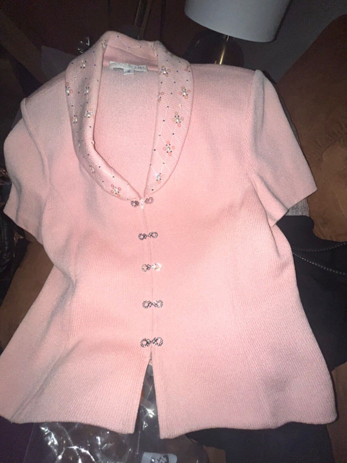 St John Evening jacket knit pink rhinestones pearl blazer size 10
