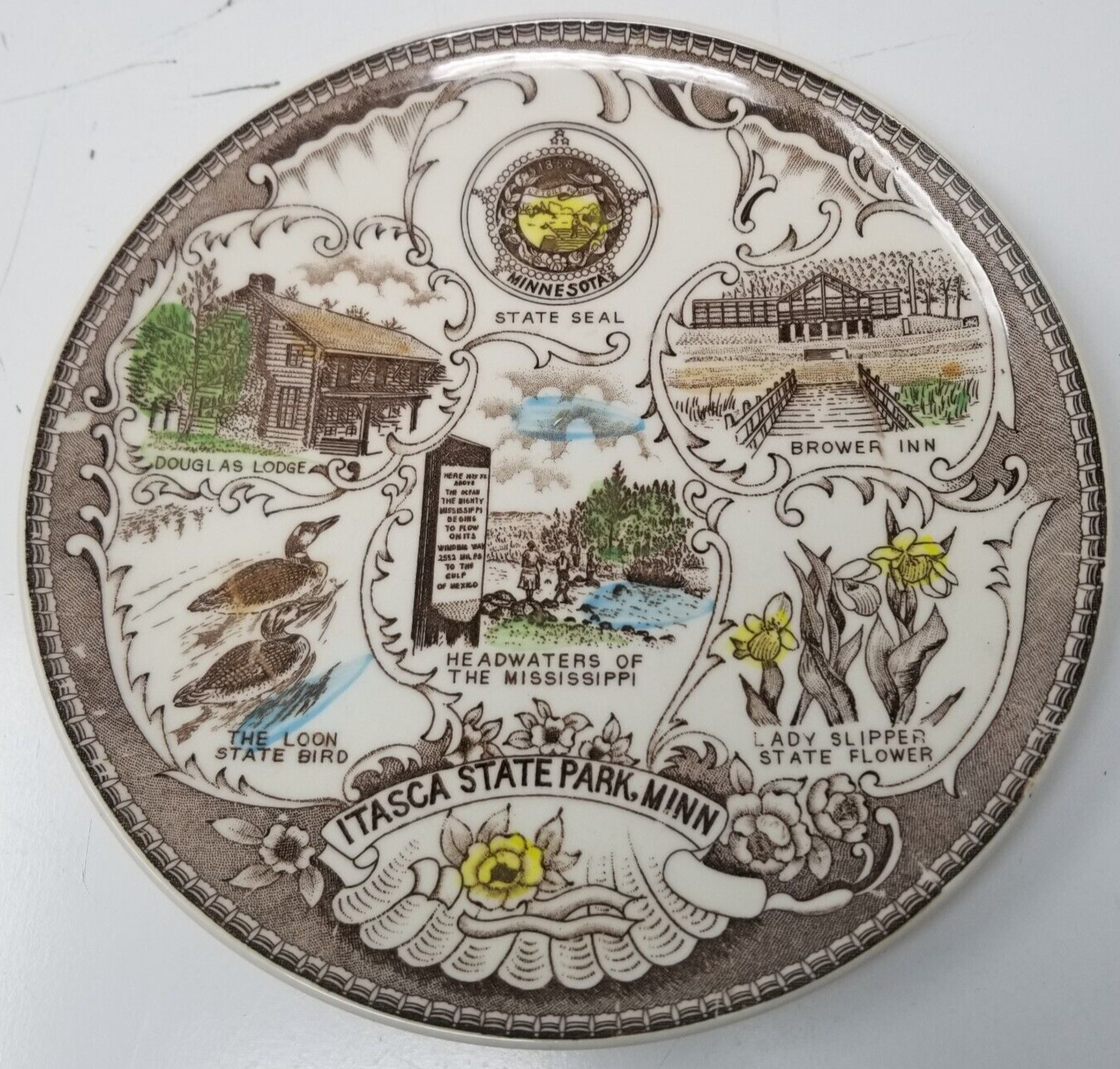 Itasca State Park Minnesota Souvenir Plate Brower Inn Lady Slipper Douglas Lodge