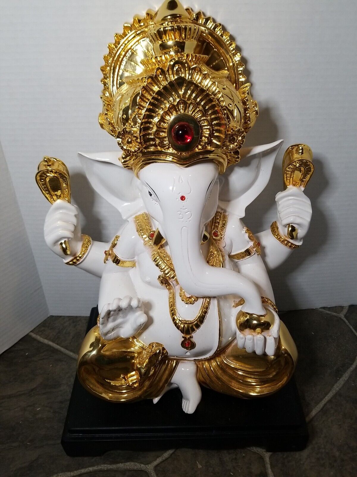 Lord Ganesha Buddha Resin Statue 18 Inch Gold Tone And Red Accent Rhinestones