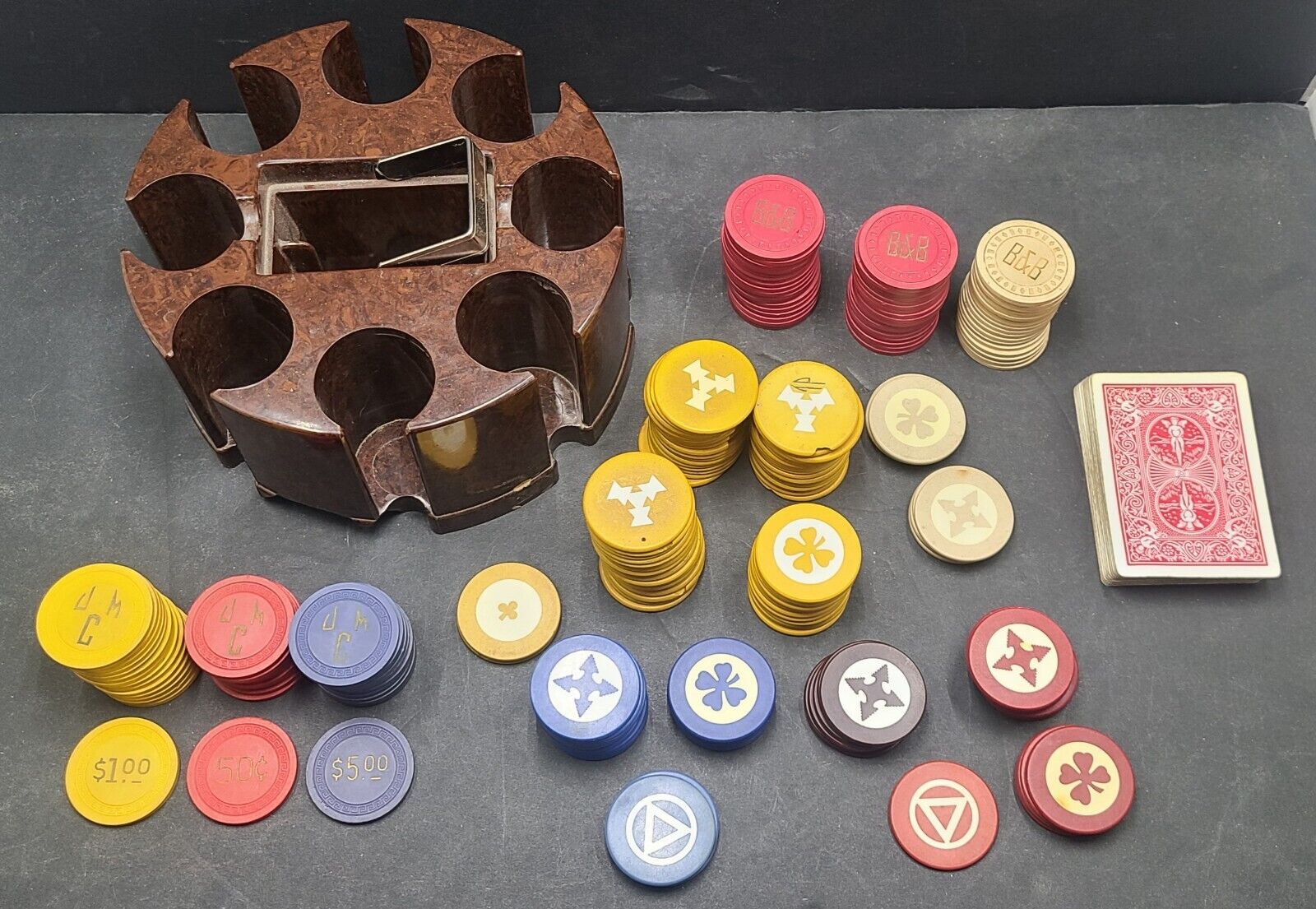 Vintage Lot Of 200+ Clay Paranoid Inlaid Poker Chips, Dennison Holder & Cards