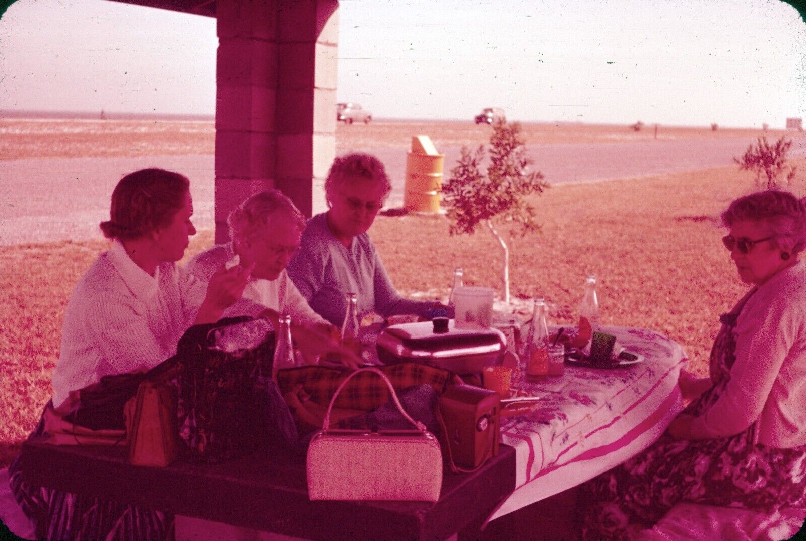 1950s Red Purple Hue Women Eating Lunch Rest Stop Road Trip Vintage 35mm Slide