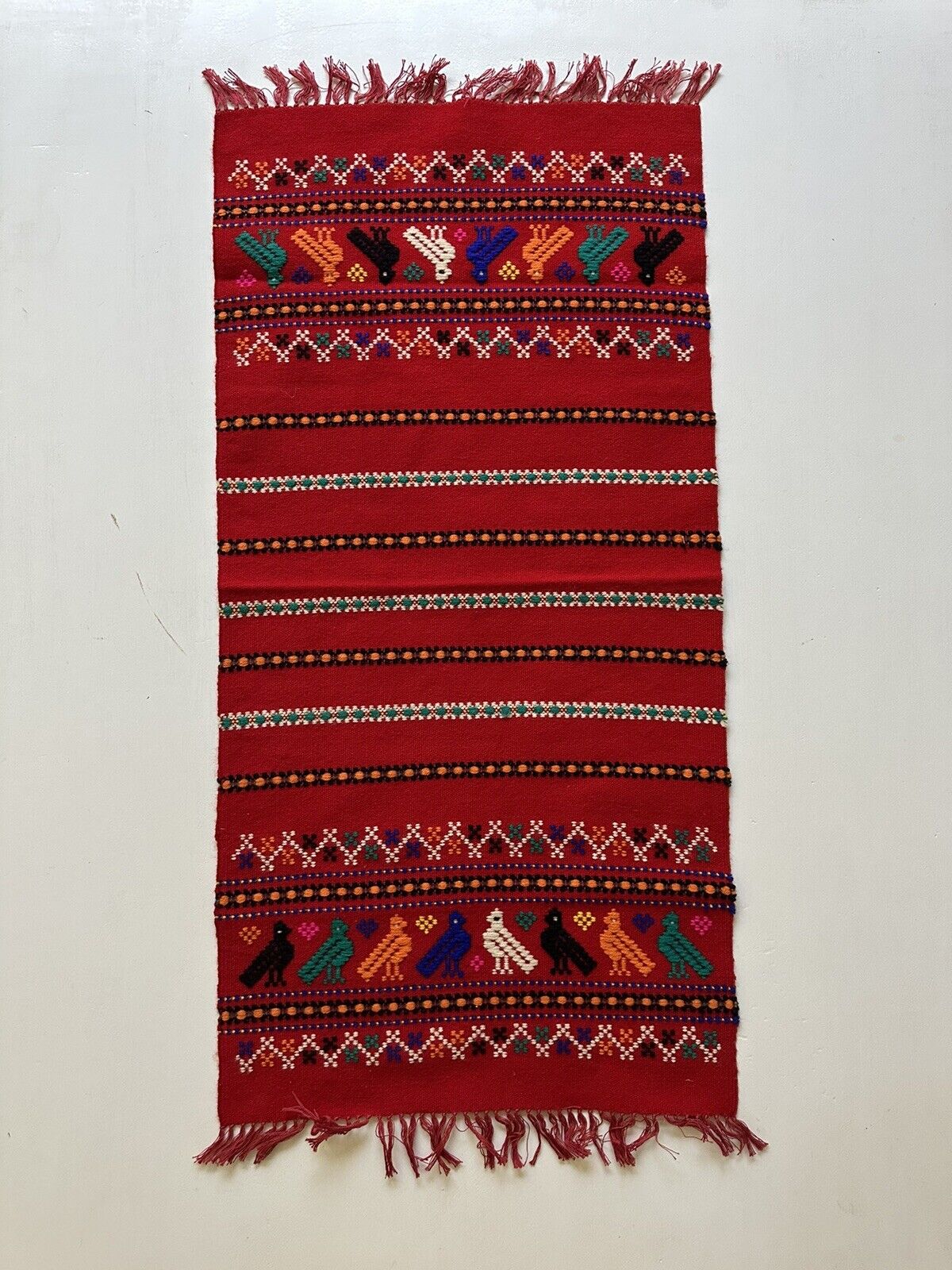 Vtg Wool Hand Embroidered Table Runner Red Birds Made in Hungary