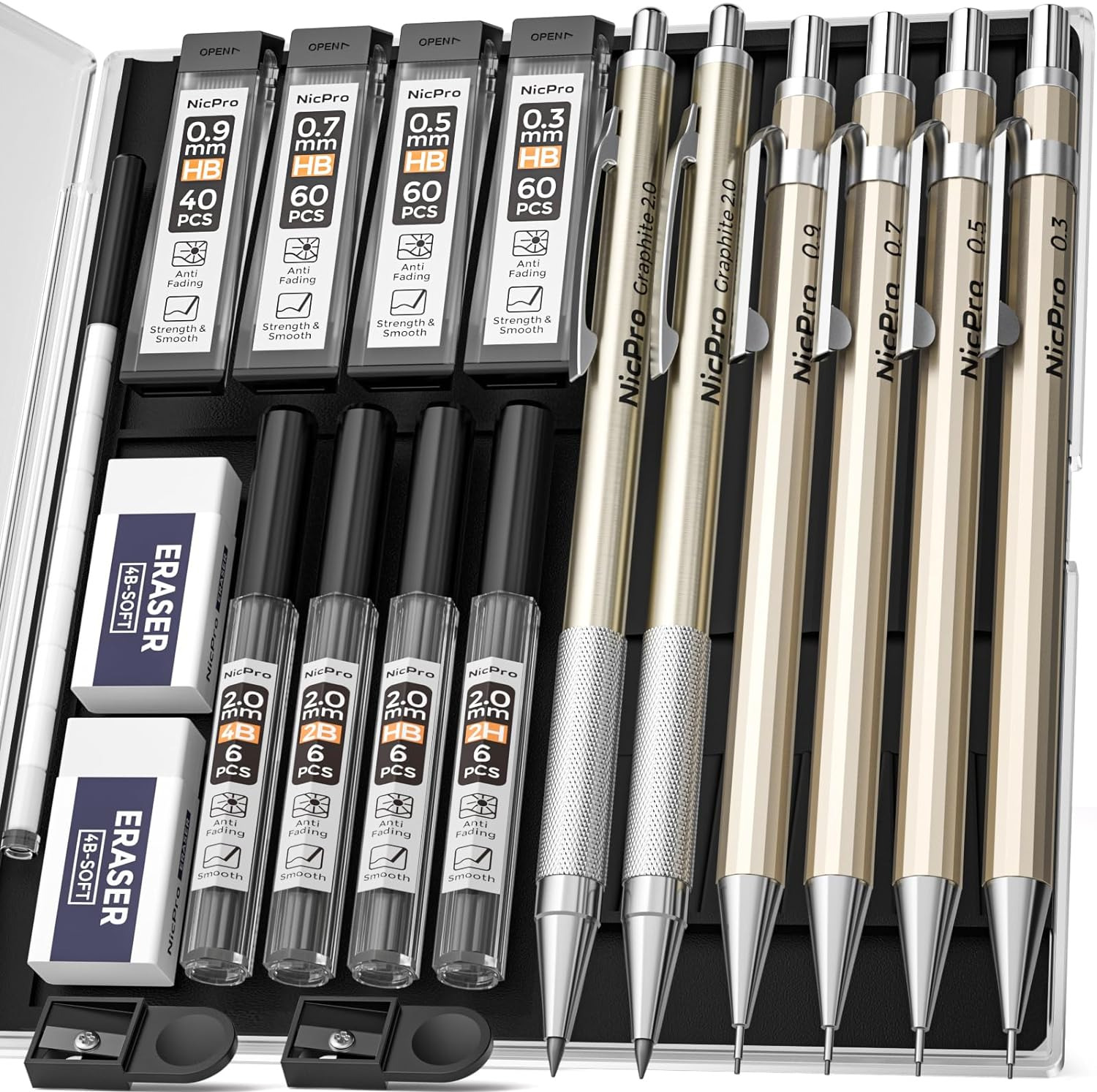 6PCS Art Mechanical Pencils Set, Metal Drafting Pencil 0.3, 0.5, 0.7, 0.9 Mm & 2