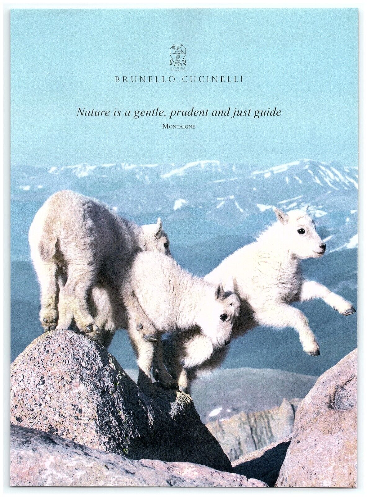 2021 Brunello Cucinelli Print Ad, Nature Gentle Guide Baby Mountain Goats Cliff