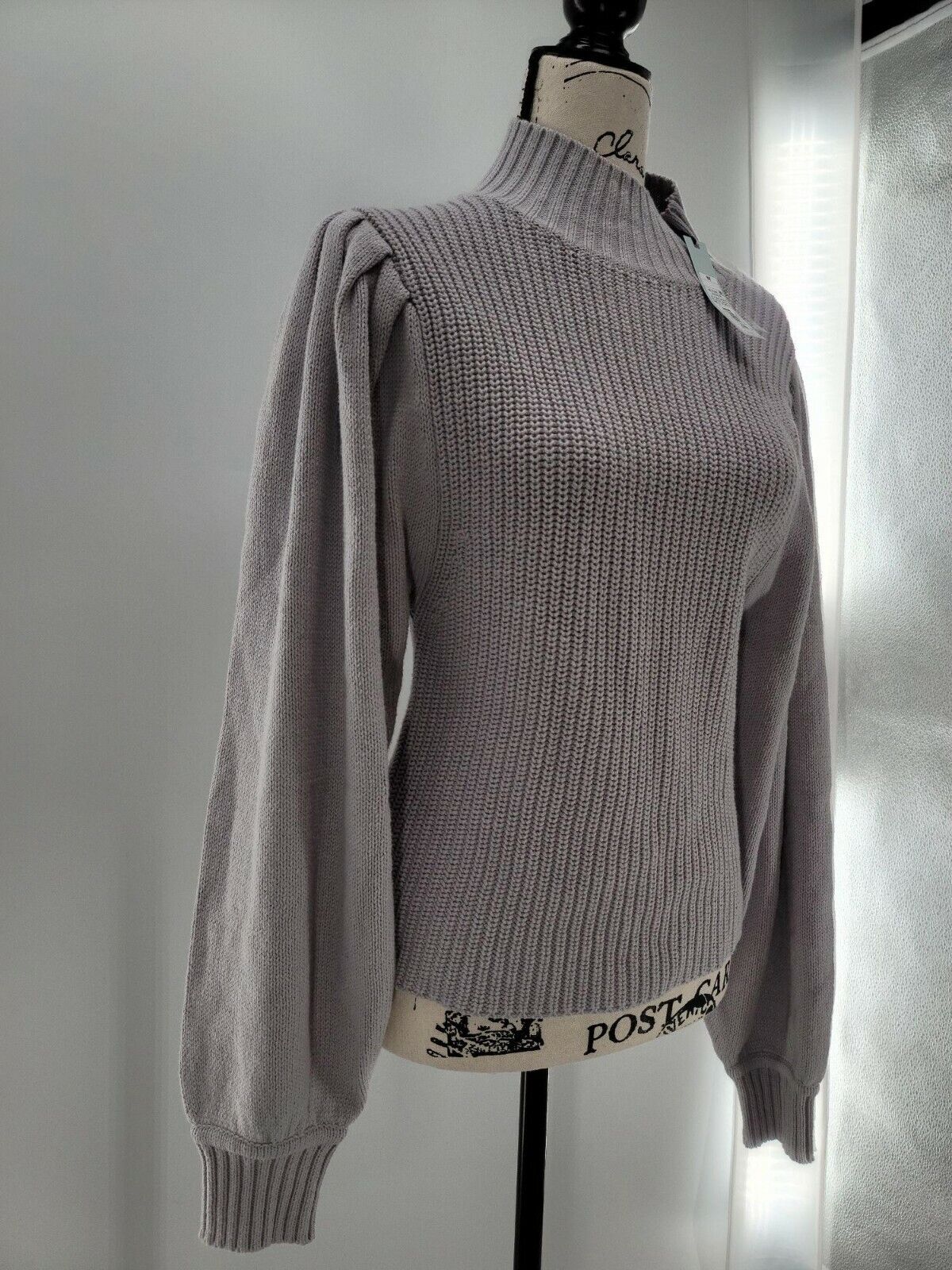 Start Above Womens Gray Mock Neck Puff Long Sleeve Collarless Sweater Top Medium