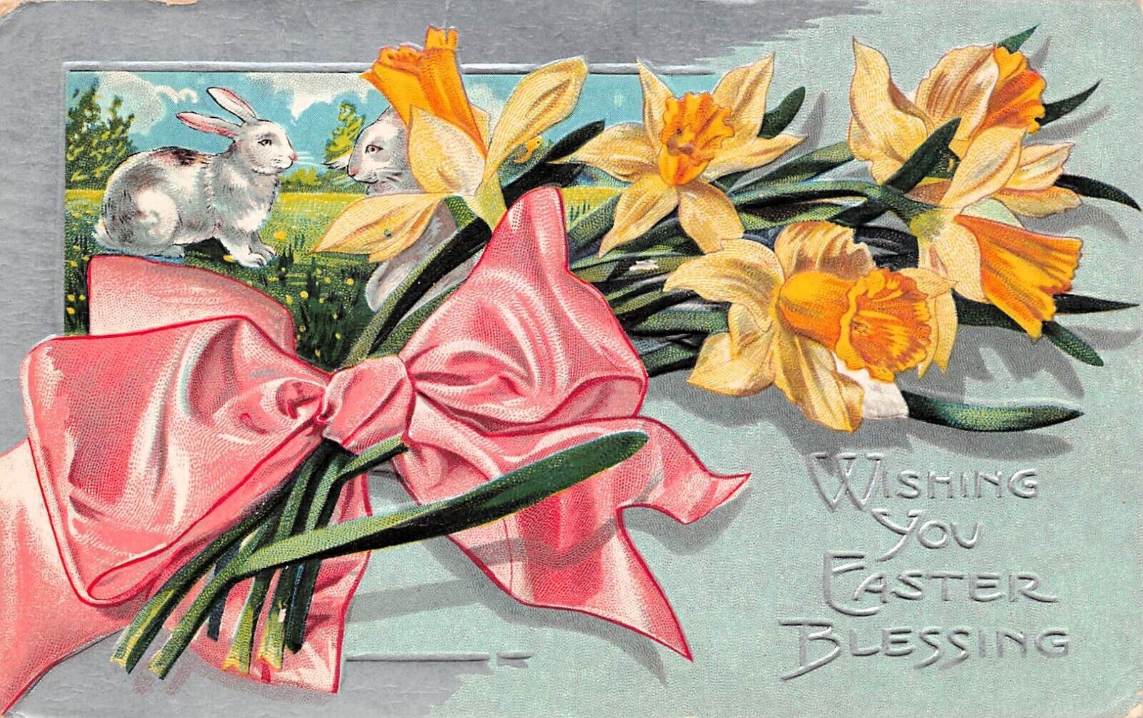 Antique Easter Card Bunny Fantasy Pink Silk Bow Daffodils Vtg Postcard D25