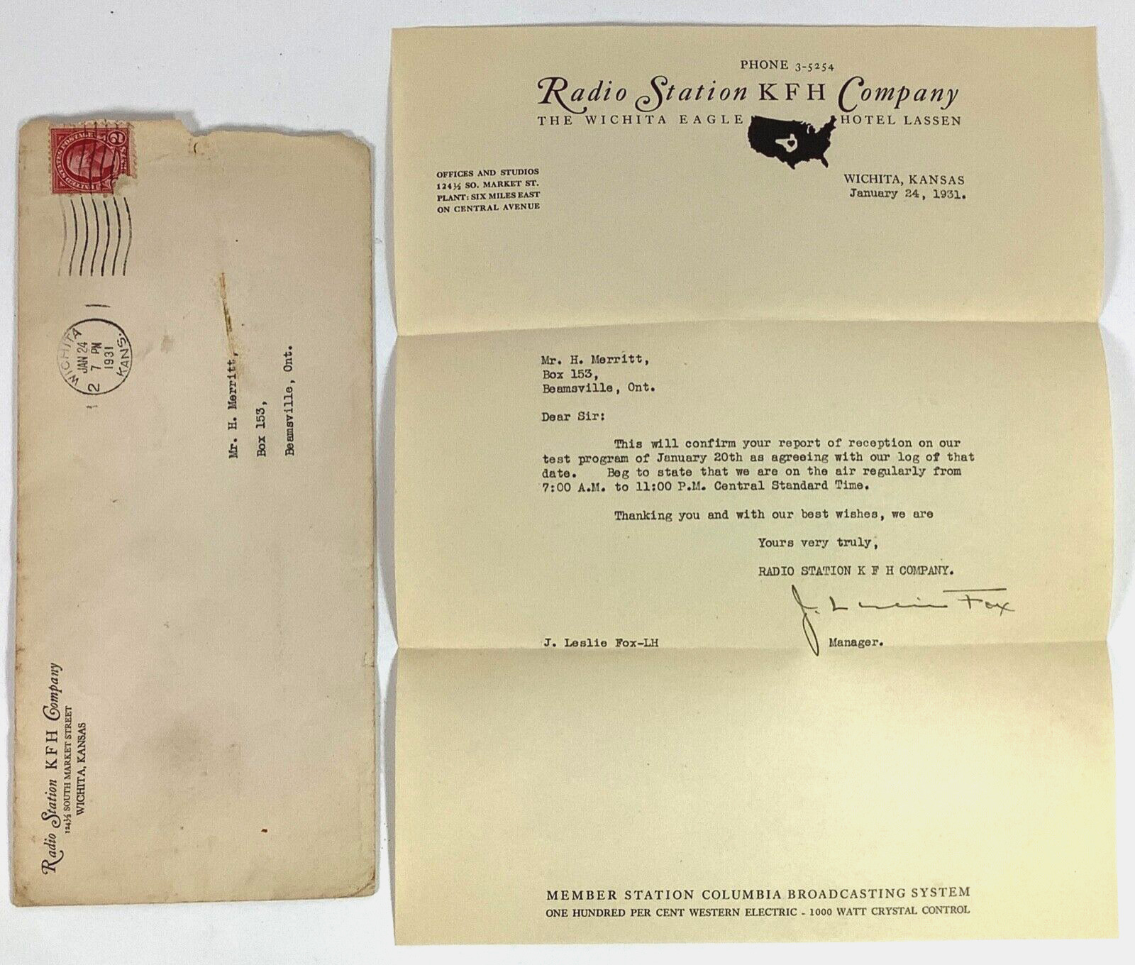 1931 Radio Station KFH Company The Wichita Eagle Kansas Signed Mailed Letter