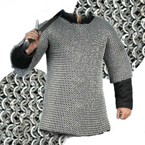 Medieval Hauberk Chainmail Costume Aluminium Full Flat Riveted Chainmail Shirt