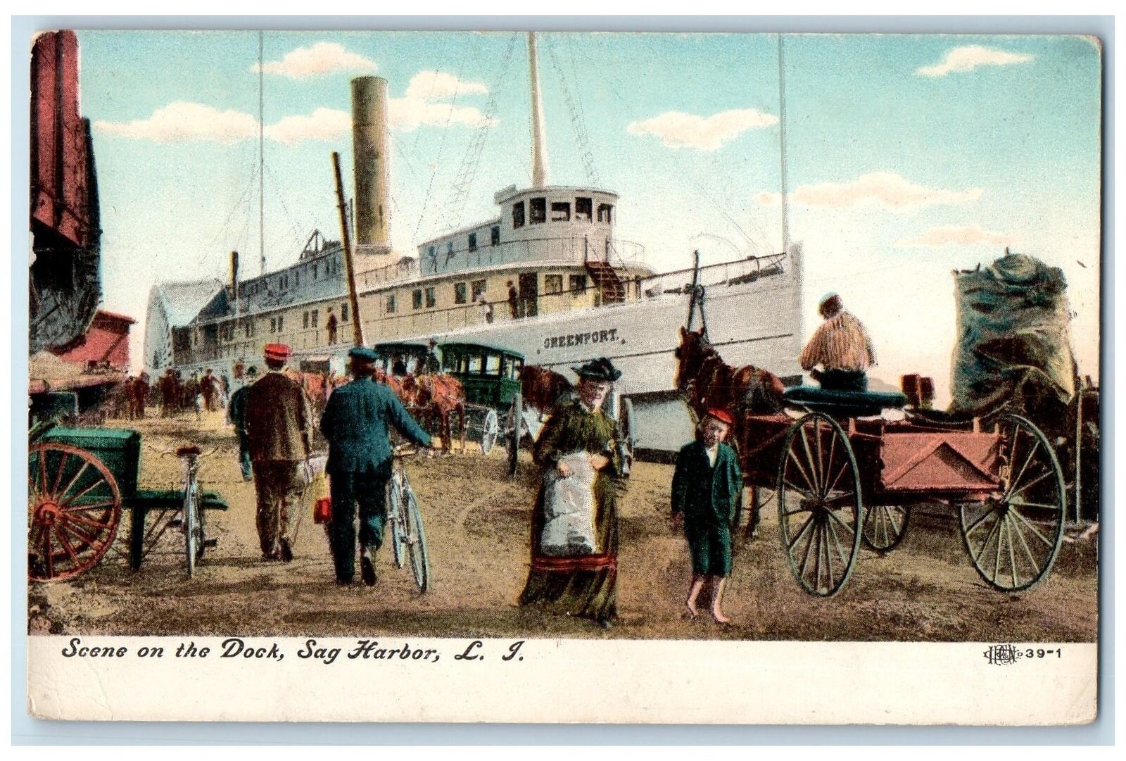 1909 The Dock Horse Carriage Bicycle Ship Sag Harbor Long Island NY Postcard