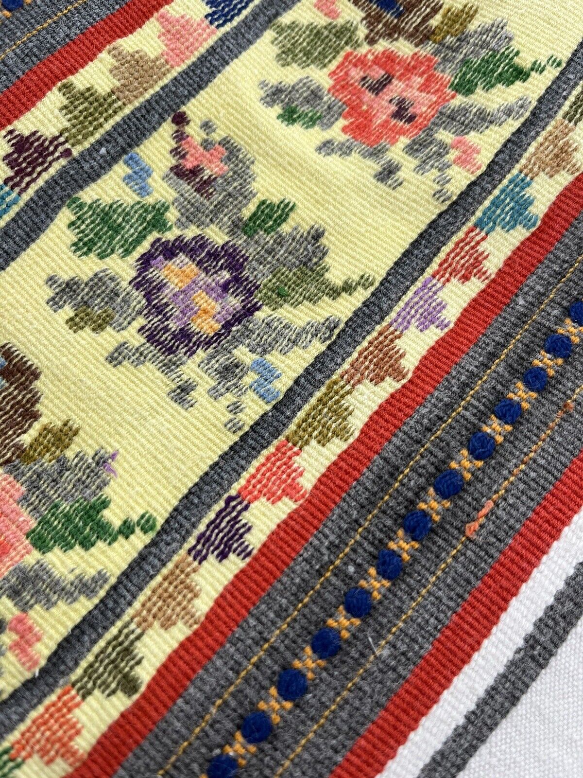 Vintage Hungarian/woven linen runner- colorful floral embroidery borders-pretty