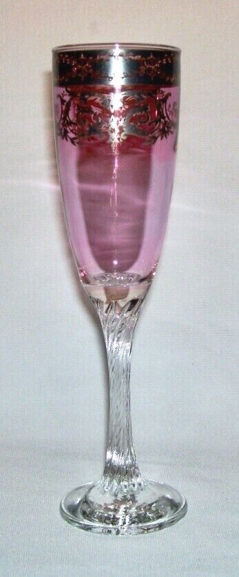 Early Amethyst Glass CHAMPAGNE FLUTE w/Silver Overlay Design+Twisted Stem (6 Oz)