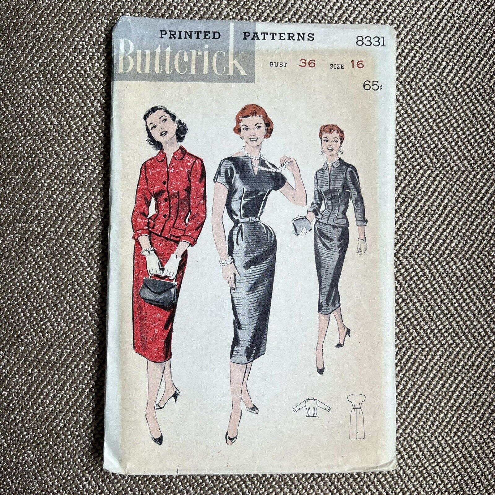 1950s Butterick 8331 Vintage Sewing Pattern Dress Jacket Skirt Size 16 Bust 36