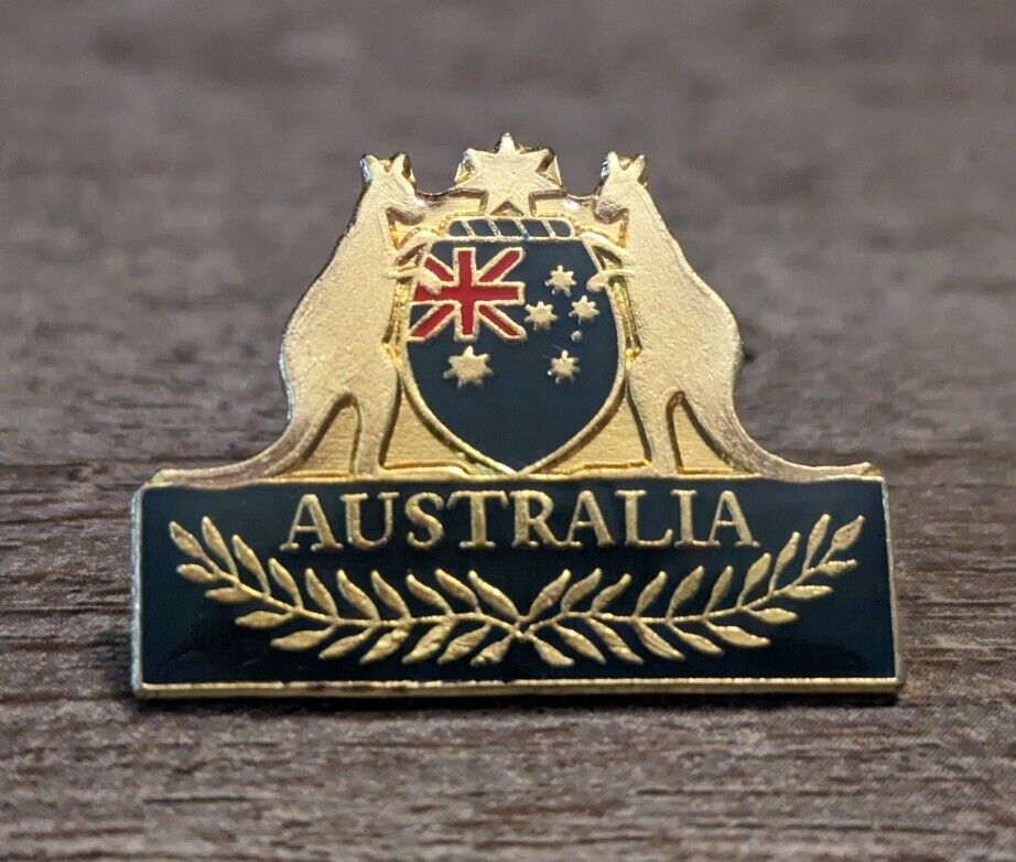 Australia Coat Of Arms Kangaroo & Emu Vintage Blue & Gold Souvenir Lapel Pin