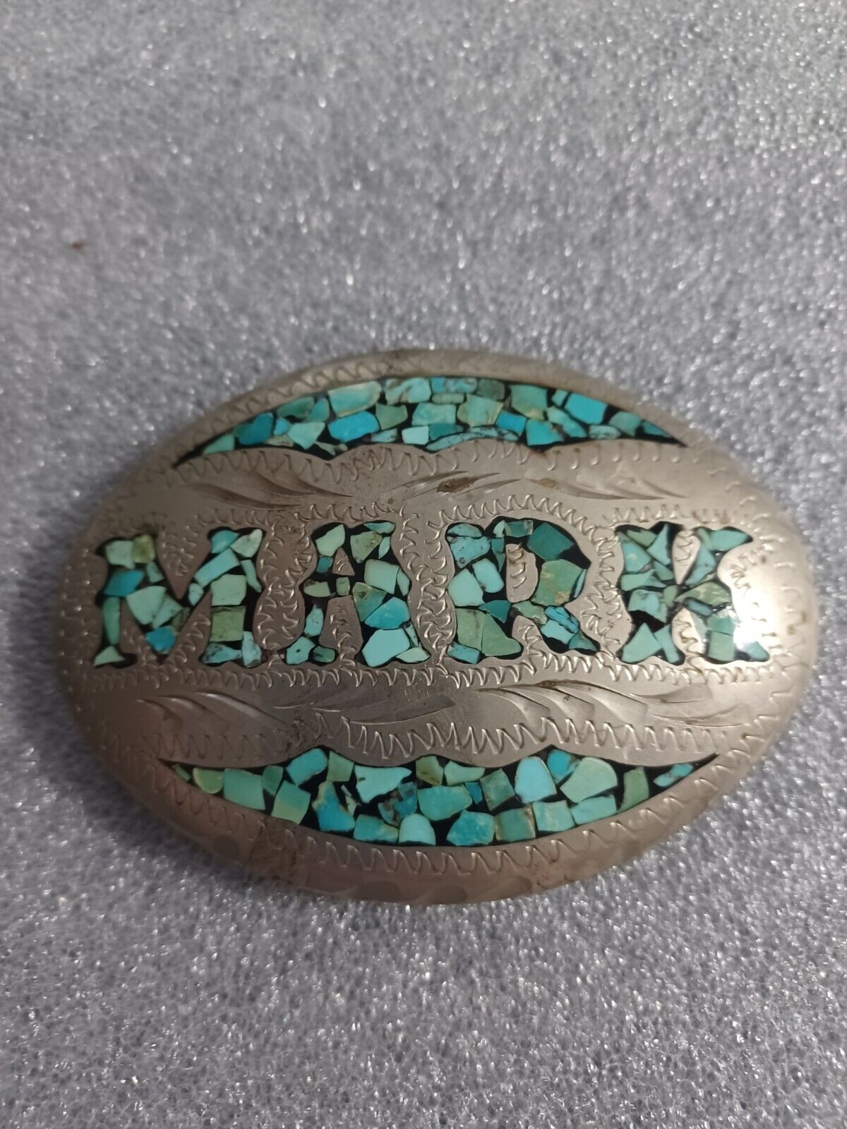 Vintage Turquoise Embedded Mark Name Belt Buckle Hand Made 