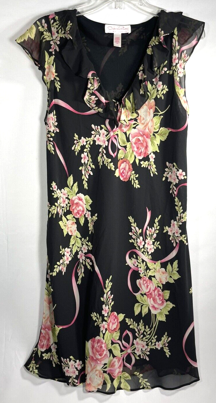 Oscar De La Renta Dress,  Black Floral, Pink Label, Sleeveless, Polyester, M