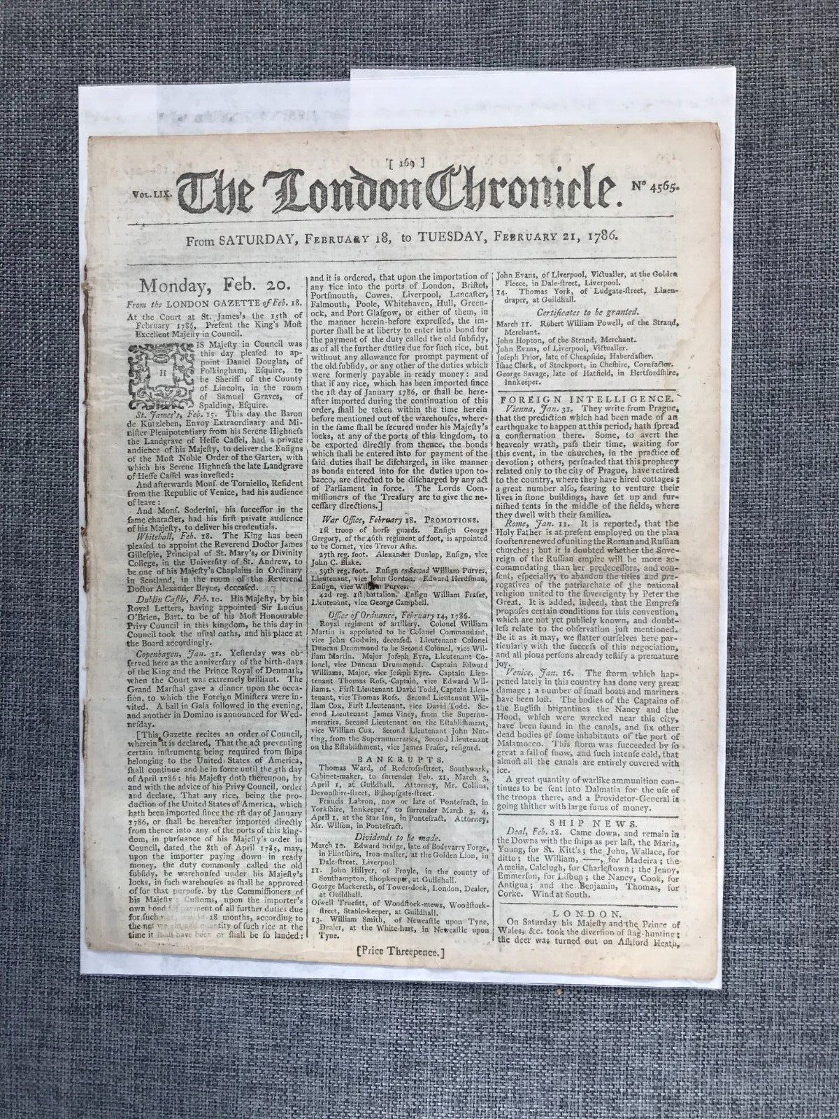 THE LONDON CHRONICLE 18TH FEBRUARY 1786 GEORGE 3rd ORIGINAL NEWSPAPER