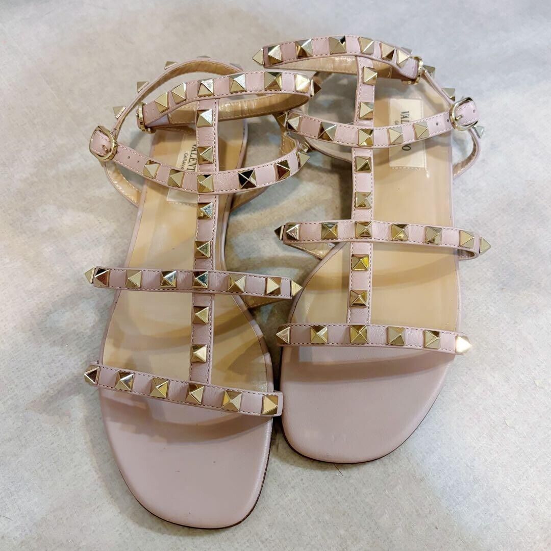 VALENTINO GARAVANI Rockstud Flat Sandals Pink Beige Size 36.5 Auth