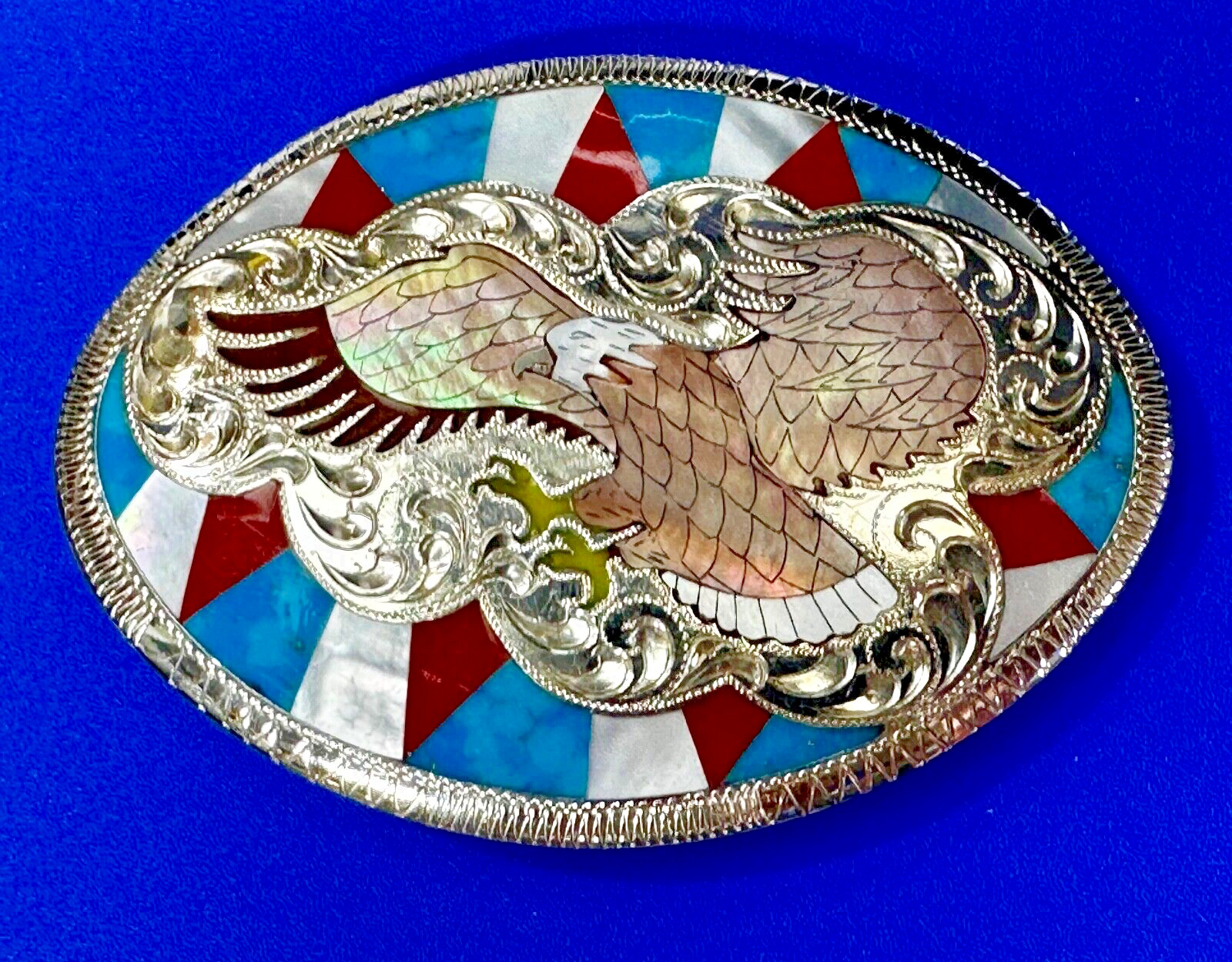 Flying Eagle Vintage Turquoise Coral Abalone Inlay Western Patriotic Belt Buckle