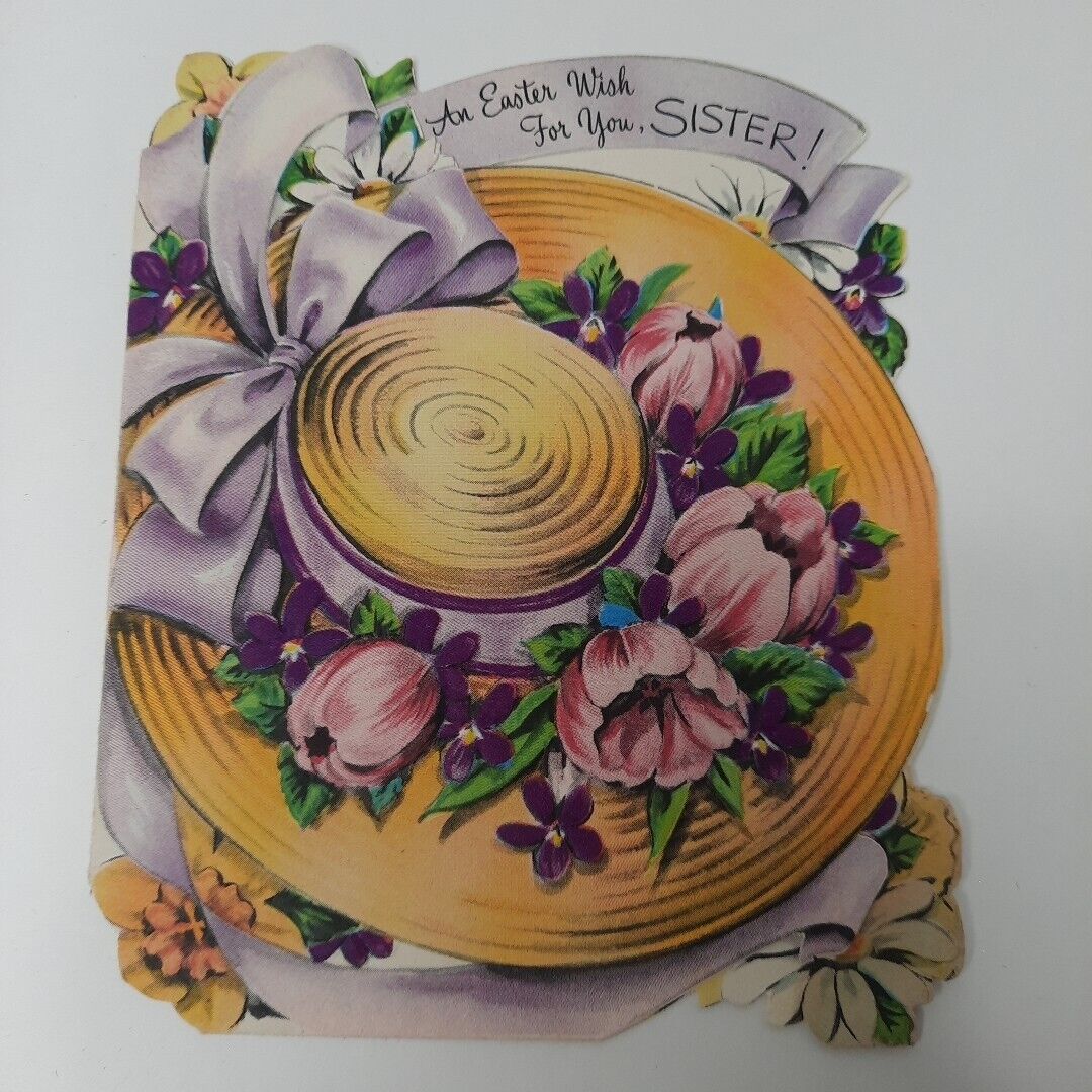 Vintage Sister Easter Yellow Hat Purple Bow Pink Flowers Embossed Greeting Card