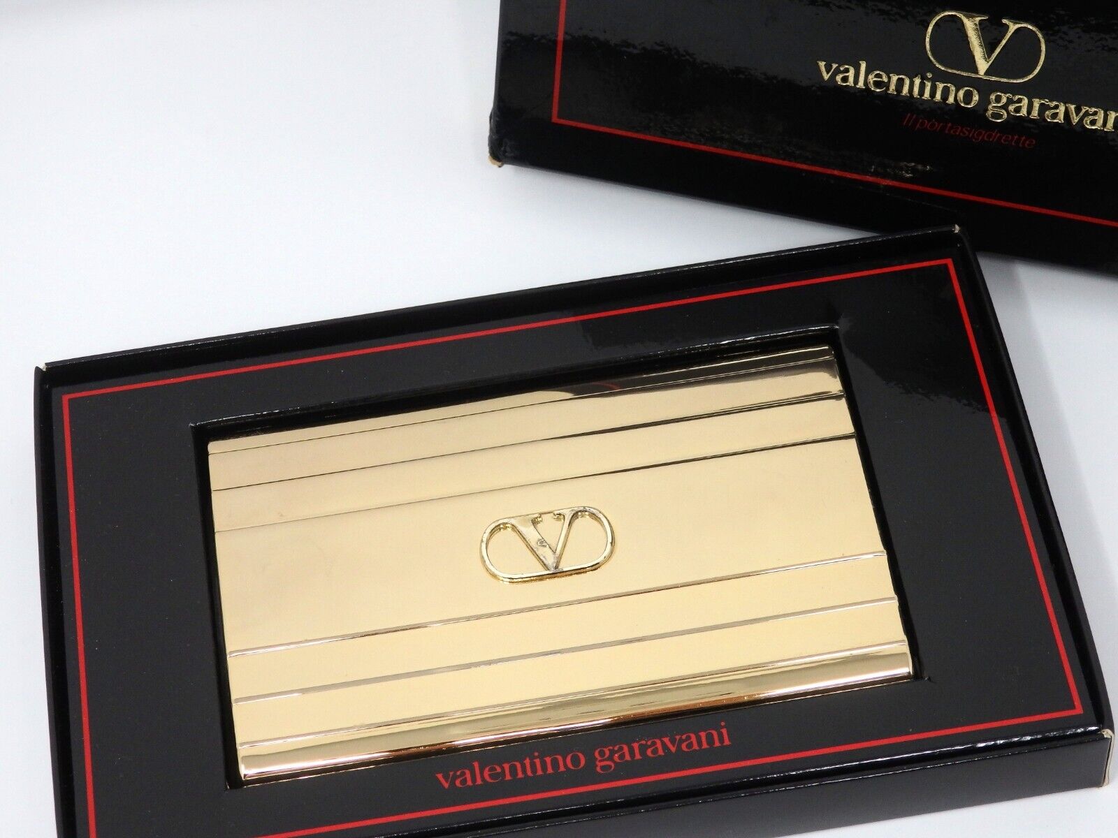 Vintage VALENTINO GARAVANI Logo Metal Cigarette Holder Case Gold Box Auth Rare