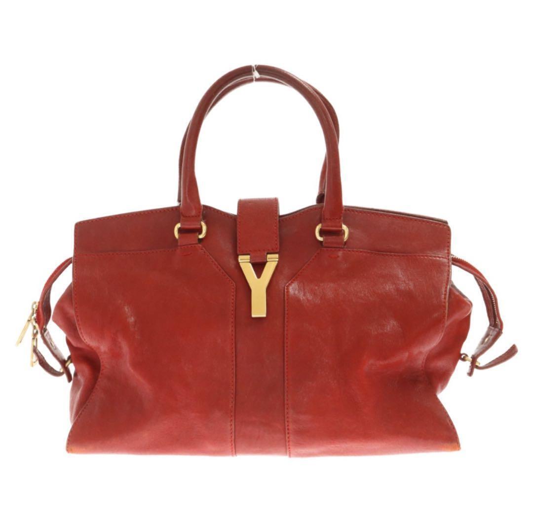 Yves Saint Laurent YSL Cabas Handbag Shoulder Bag Red Leather Gold Gold Logo