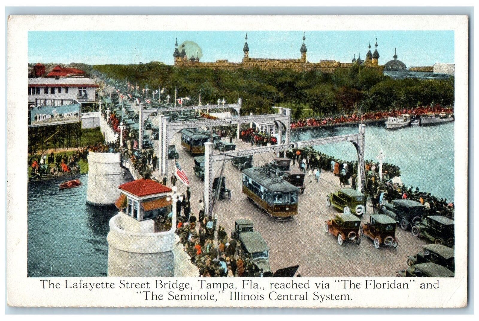 c1920\'s Lafayette Street Bridge The Floridan & Seminole Crowd Tampa FL Postcard