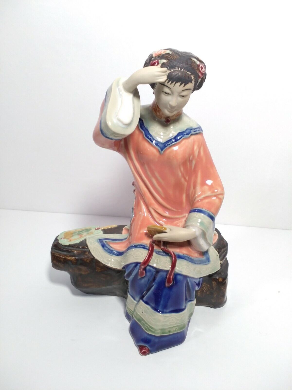 Vintage Hand Painted Porcelain Japanese Woman on Rock with Mirror