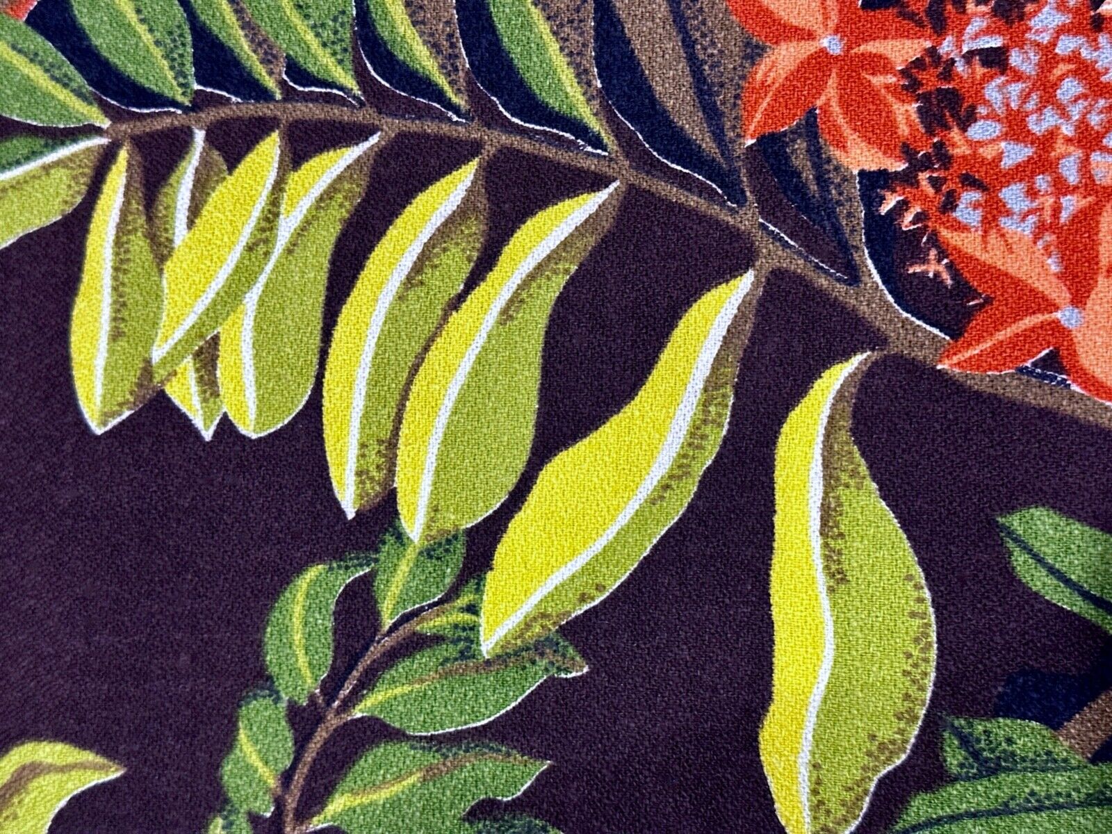 ALOHA Intoxicating 40s BOLD Hawaiian on Dark Chocolate Barkcloth Vintage Fabric