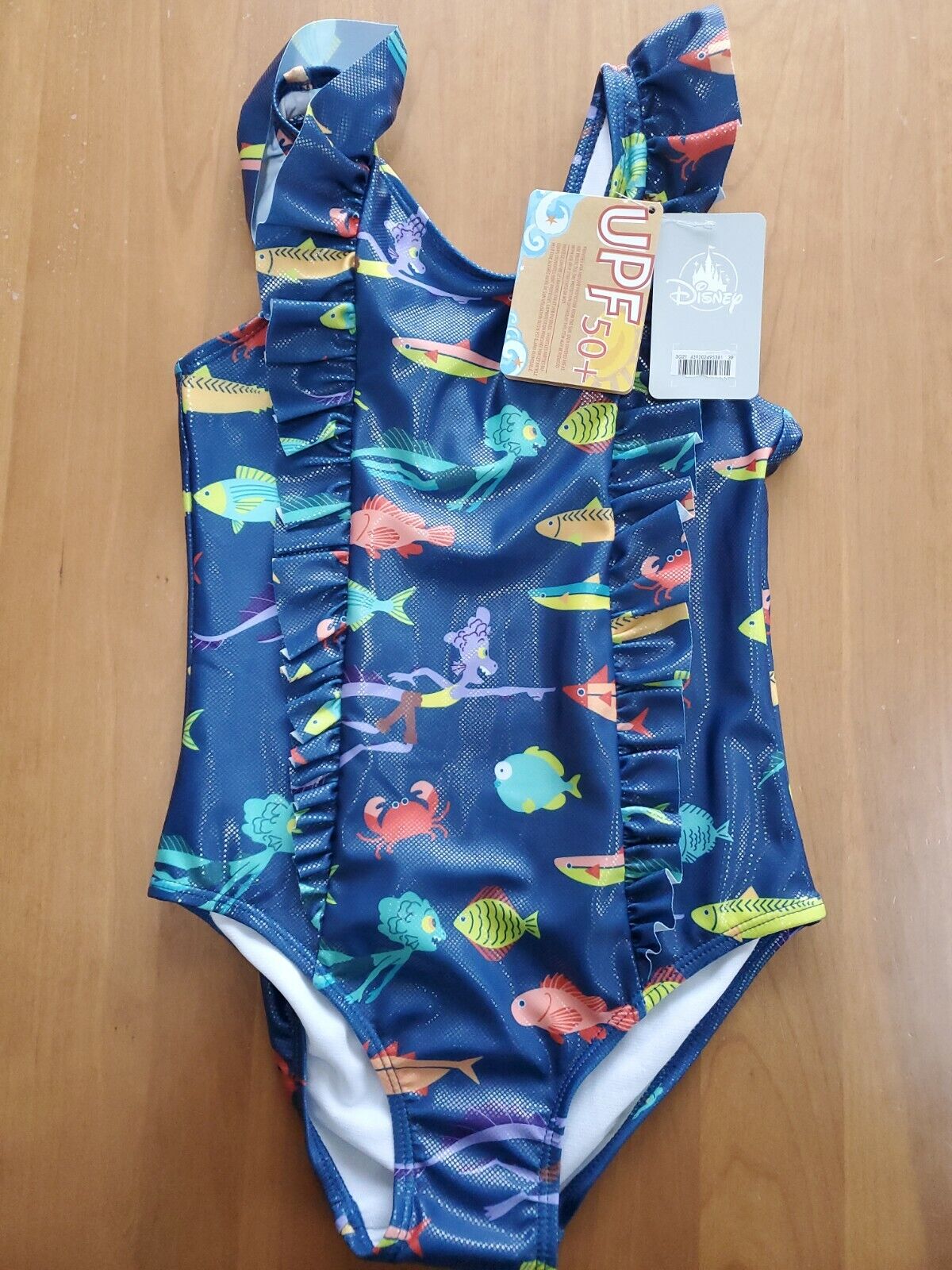 Disney Store Girls LUCA One Piece Swimsuit -Sealife Print - Blue - Size 9-10 New