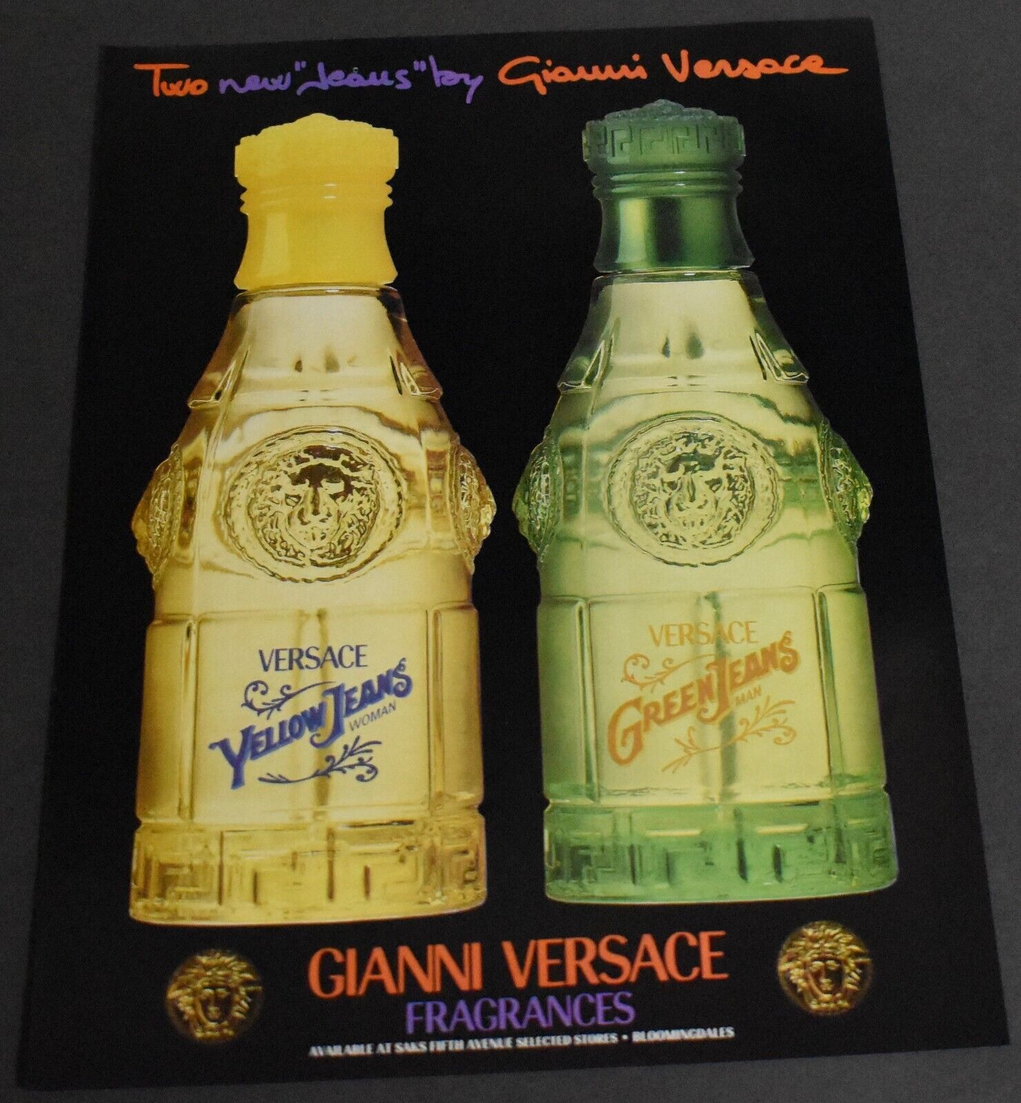 1996 Print Ad Gianni Versace Fragrances Yellow Jeans Woman Green Man Style art