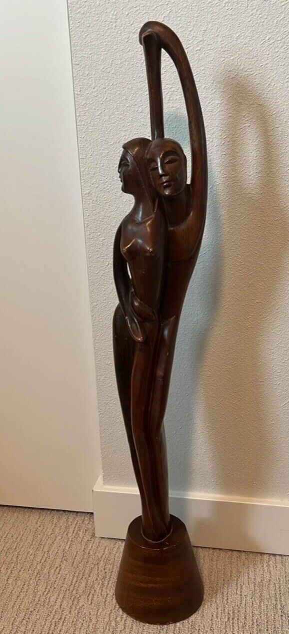Vintage Hand Carved Abstract Man Woman Scultpture MCM Retro Art Boho 30” TALL